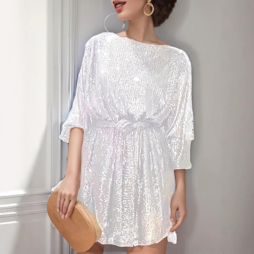 Women's Boat Neck Three Quarter Sleeve Mini Dress Loose Fit Solid Sparkly Sequin Party Club Dress With Waist Tie