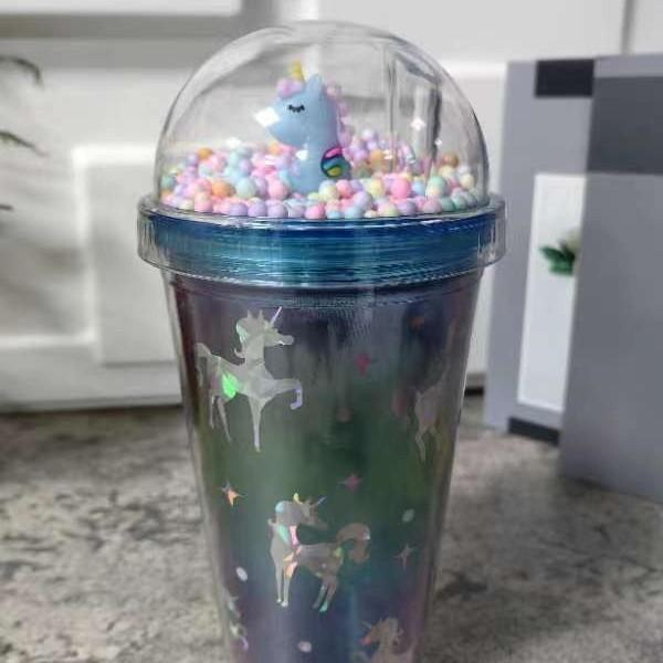 New High-value Unicorn Straw Cup,Portable Cartoon Plastic Water Cups, Double-layer Glitter Crushed Ice Cup, Holiday Gift Tea Cup