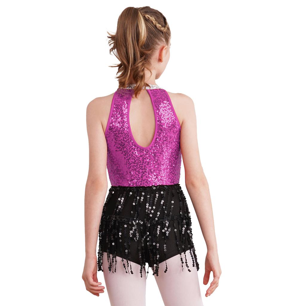 Girls Sequin Dance Dress Sleeveless Back Keyhole Boyshorts Sequin Tassel One Piece Latin Jazz Outfit