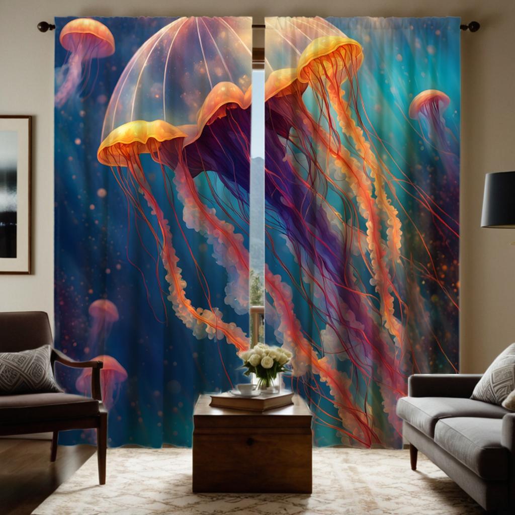 2 st HD Havsbottens Värld självlysande maneter dekorativ gardin Färgsystem digitaltryckt gardin Heminredningsstil Dec