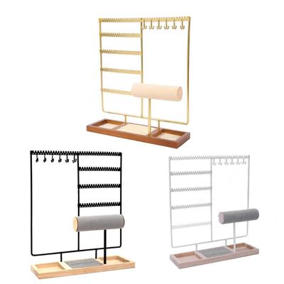 Elegant Necklace Stand and Jewellery Organizers Flannel Rings Holder with Wood Base for Accessories Display Black