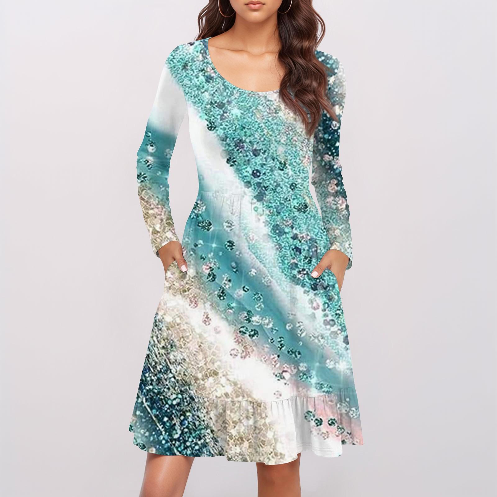 

Женское модное платье с круглым вырезом и длинными рукавами, с принтом, свободная талия, плиссированное повседневное платье XXXL