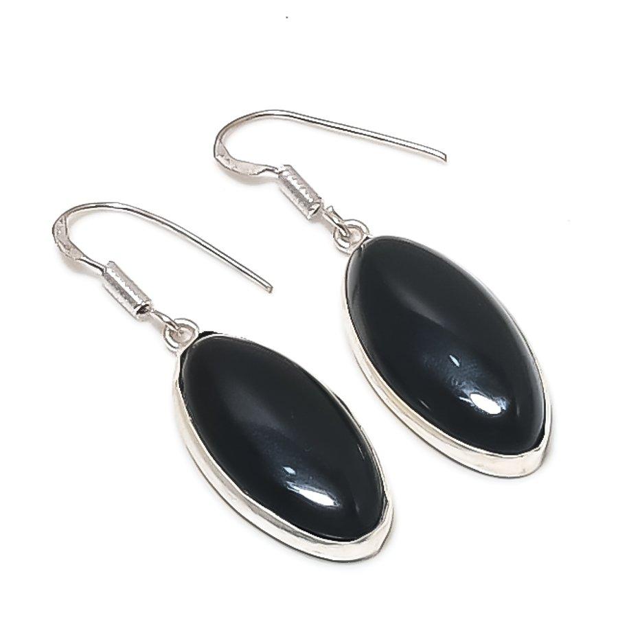 Natural Black Onyx Gemstone Handmade 925 Sterling Silver Earring 1.77" Q0g45