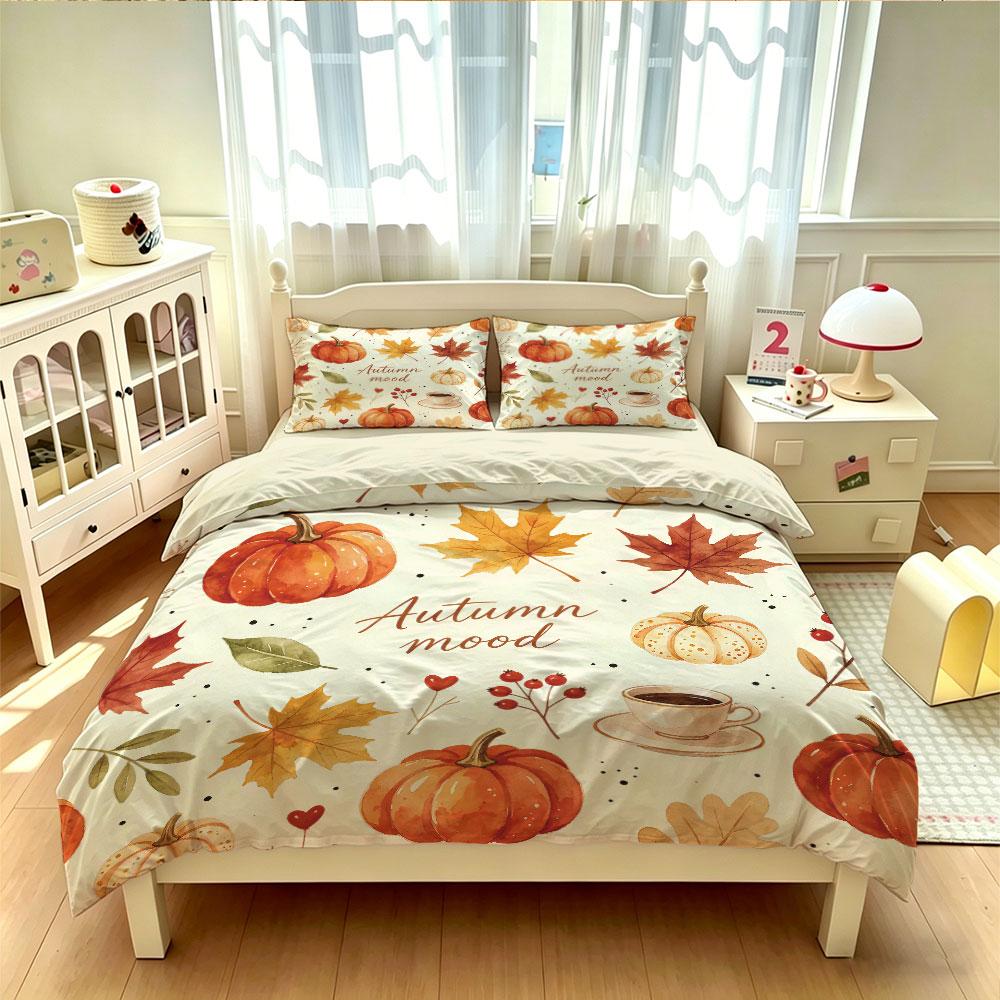 3PCS Duvet Cover Set Autumn Mood Pumpkin Maple Leaf Coffee Fall Theme Bedding Set Warm Cozy Bedroom Decor