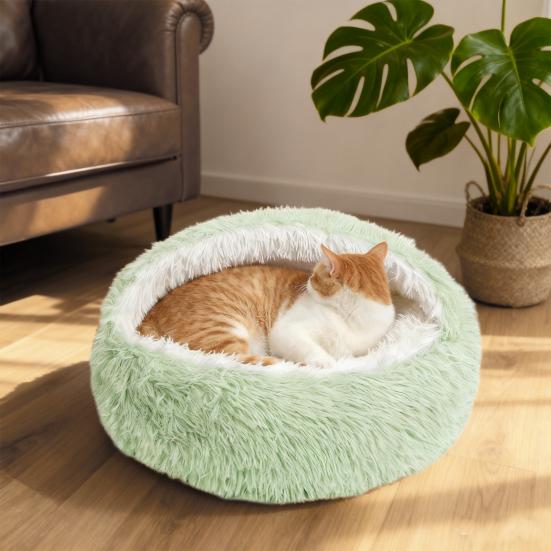 Pet Shell Nest Bed Warm Calming Cat Cave Bed with Hooded Cover Semi Enclosed Fluffy Plush Lined Round Bed for Small Medium Pets