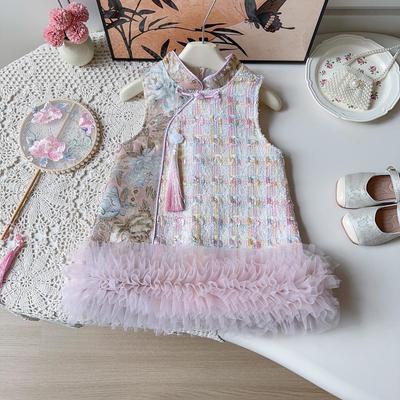 Dívčí zimní bezruké šaty Hanfu Cheongsam se síťovanou sukní