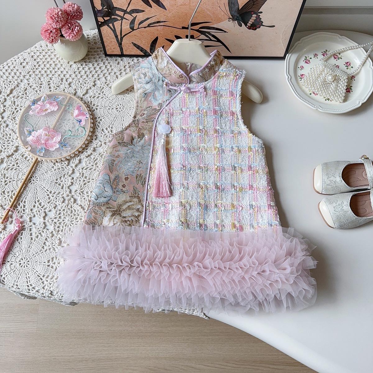 

Girls Winter Sleeveless Hanfu Cheongsam Dress with Mesh Skirt 100