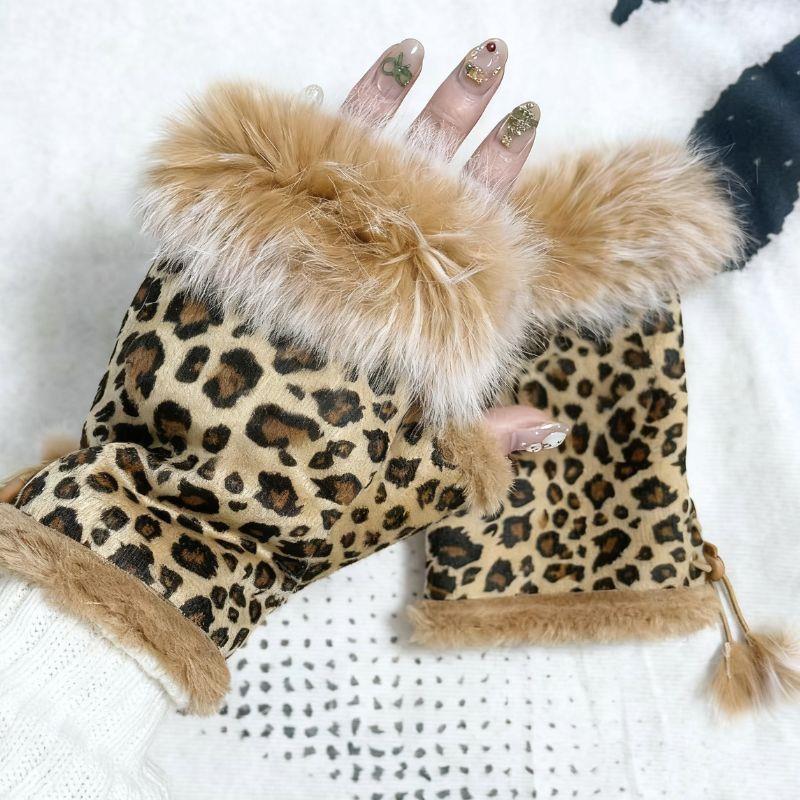 Christmas Women Hand Wrist Windproof Mittens Warmer Y2K Leopard Print Gloves Plush Suede Faux Rabbit Fur Fingerless Gloves