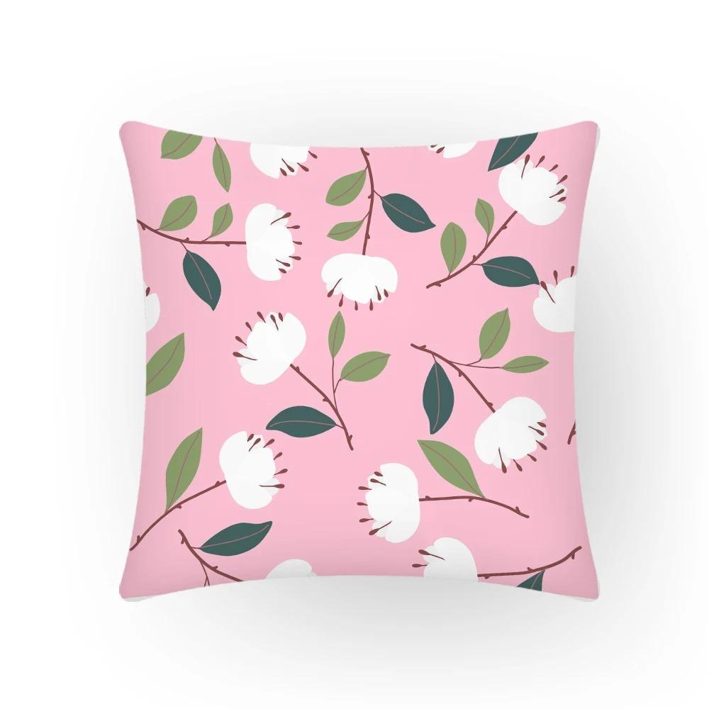 Sofa Simple Decorative Cushion Cover Cartoon Plant Leaves Square Pink Pillowcase Retro Comfortable and Durable