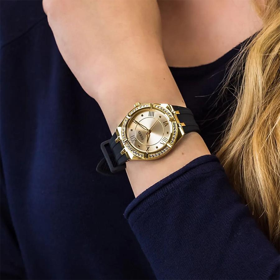 Guess Gold Dial Black Silicone Strap Women's Quartz Watch - GW0034L1