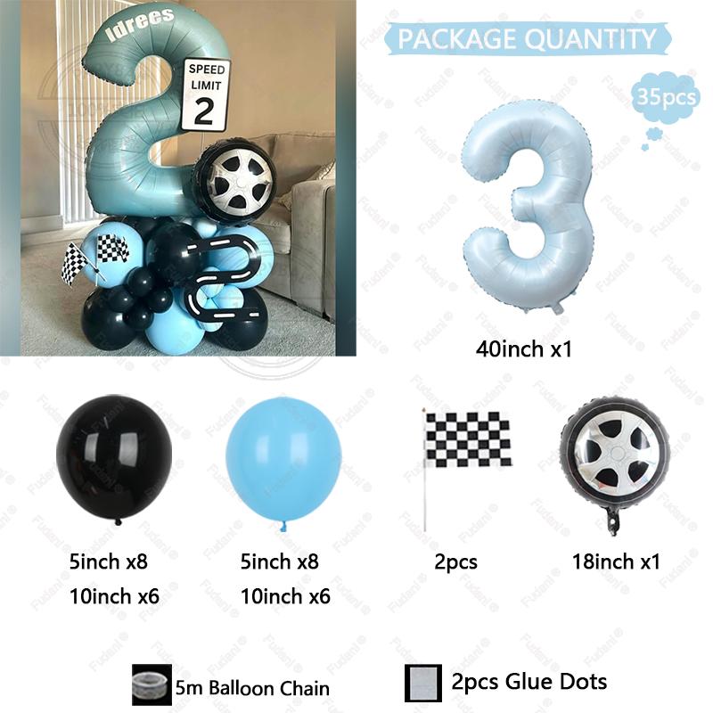 35pcs Tire Balloon Hand Cranked Flag Blue Numbers 1-9 Birthday Balloon Set Racing Themed Party Decoration Kids' Birthday Gift