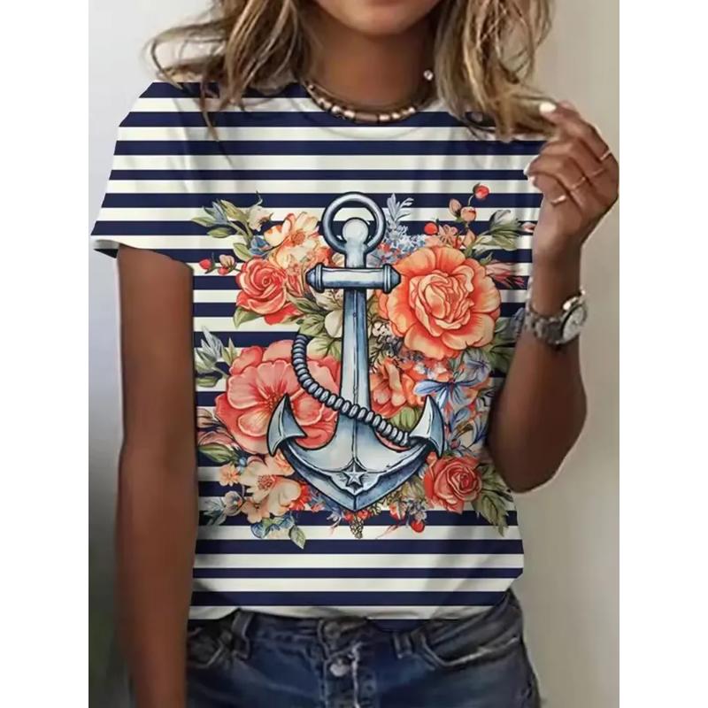 Fashion Women s Barb Short Sleeve Crew Neck T-Shirt 3D Color Printing Crew Neck Short Sleeve XS