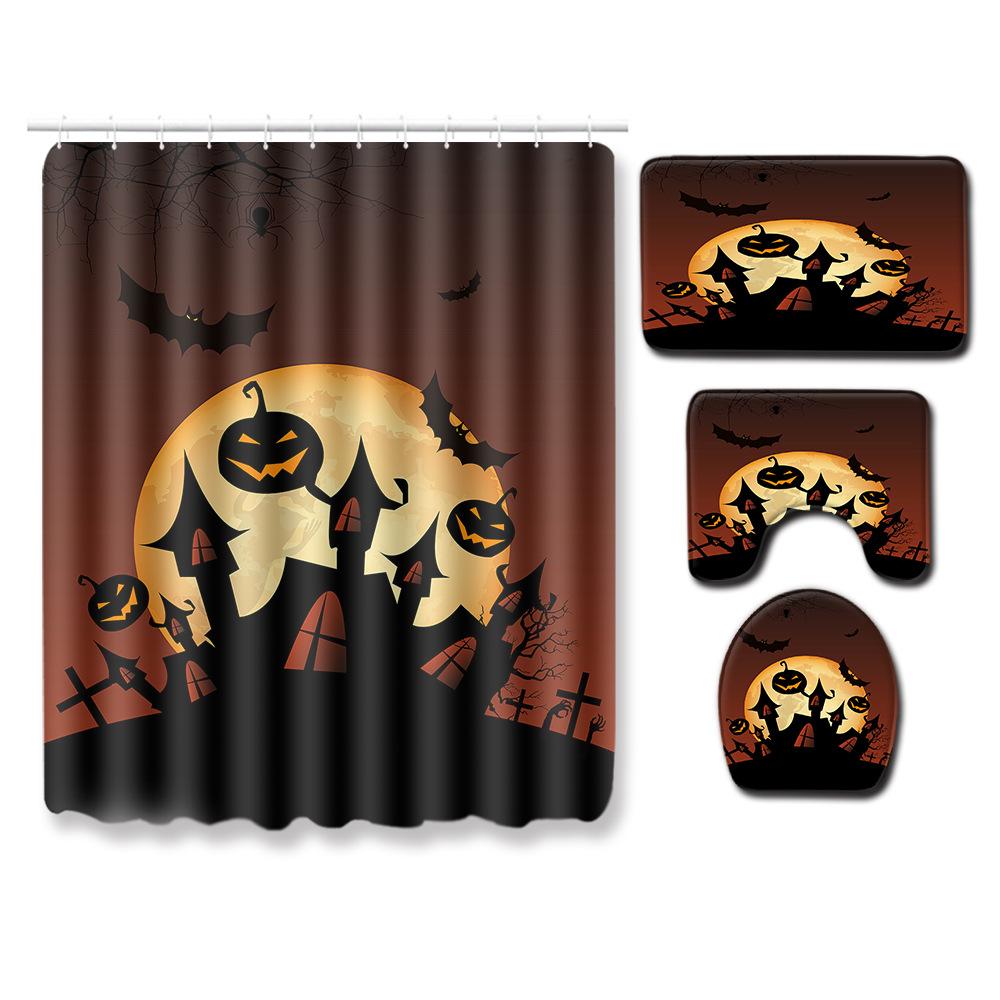 Halloween Shower Curtain Floor Mat Combination Four-Piece Set Bathroom Toilet Carpet Shower Room Foot Mat