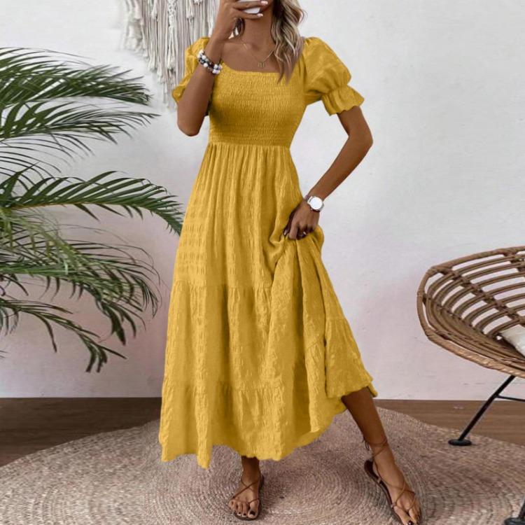 Women S Square Neck Puff Sleeve Maxi Dress Smocked Bodice Tiered Skirt with Pockets for Casual Wear