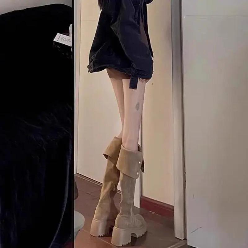 Western knee boots women's high boots retro black outer wear thick-soled boots increase height autumn and winter new models
