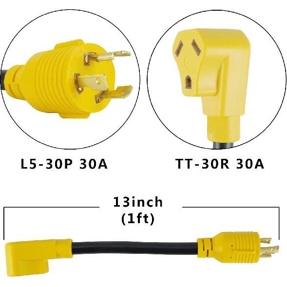 3 Prong RV Generator Adapter Cord,NEMA L5-30P to TT-30R,30 Amp 125V Generator to RV Adapter with 1FT,Heavy Duty SJTW 10/3 Cord, Yellow