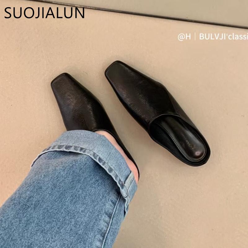 Fashion SUOJIALUN 2025 Summer New Brand Women Slipper Fashion Square Toe Slip On Ladies Elegant Mules Shoes Soft Flat Heel Casual Slides