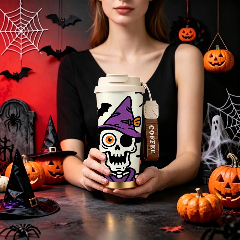532ml Coffee Cup Halloween Purple Hat One Eye Skull MotifCommuter Coffee Cup Car Portable Cup Flip Lid Coffee Cup 532ml Coffee Cup