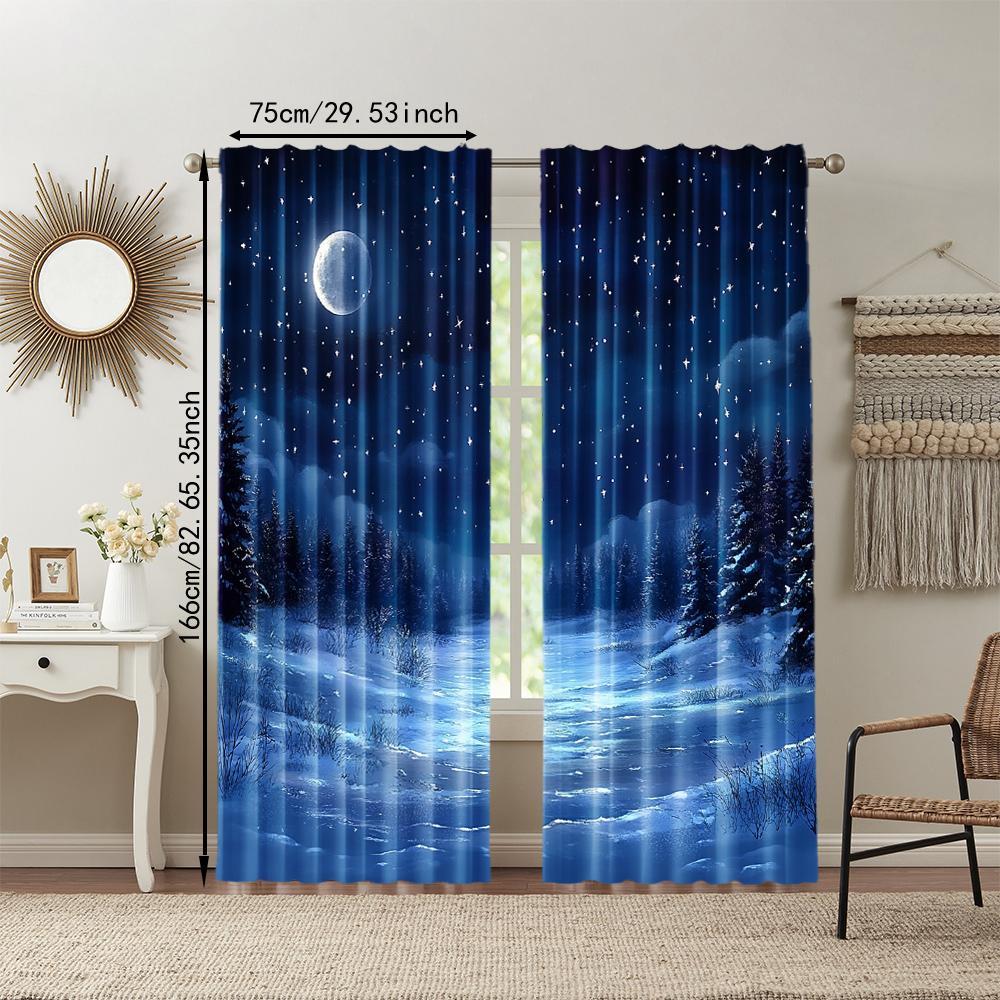 2 pcs   versatile polyester transparent curtains for home decoration Night Sky & Snow Scene for use in bedrooms and living rooms
