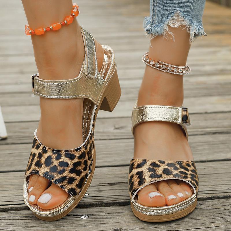 Fashion Leopard Print Thick Heeled Sandals Women Lightweight Ankle Strap Summer Gladiator Shoes Woman Comfort High Heel Platform Sandles