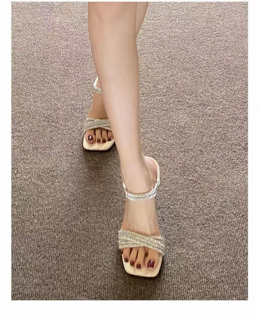 Summer Rhinestone Stiletto Sandals - Women's Square Toe One-Strap High Heels, Fairy French Style.