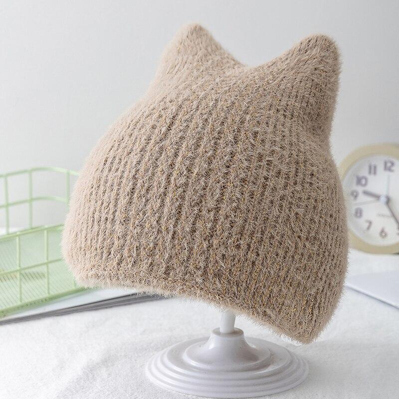 Neue Frauen Nette Katze Ohr Winter Hut Doppel-schicht Kaninchen Pelz Hut Stilvolle Weiche Beanie Hut Für Frauen Warme grils Gestrickte Hut