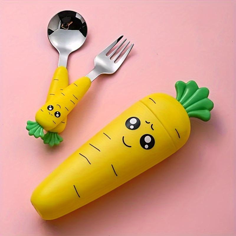 1 set of creative cartoon carrot tableware, children's fork and spoon with handle, portable children's tableware