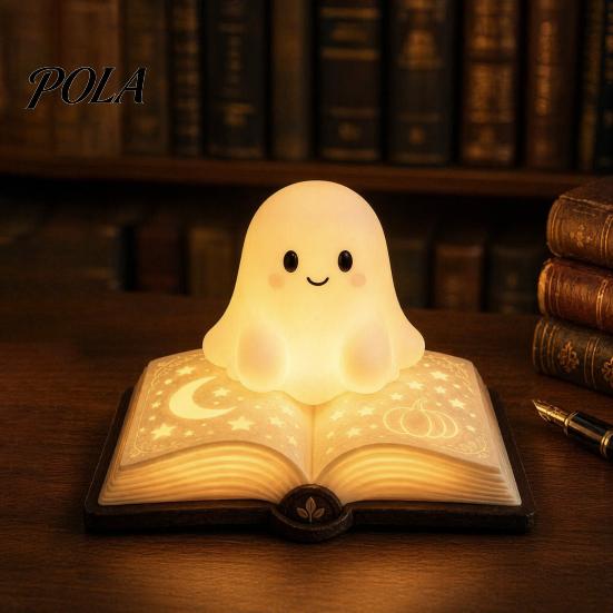 Safe Bedside Lamp for Kids Magic Book Ghost Night Light, Resin Tabletop Warm Glow with Moon Gift Lovers Star Relief, Cute Sleeping Light Bedroom,