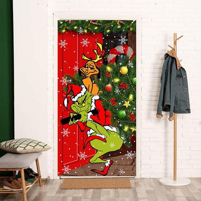 New Merry Christmas Grinch Xmas Door Cover Decorations Banner Grinch Green Backdrop