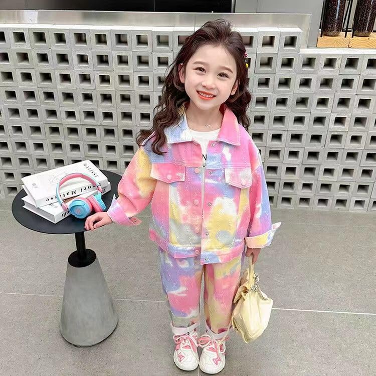 Îmbrăcăminte Denim Fete Set 2 Piese Set Copii Top Jersey și Pantaloni Fete Pantaloni Lungi Jachetă Denim Costum Dans Mânecă Lungă Tie Dye Hip Hop Larg