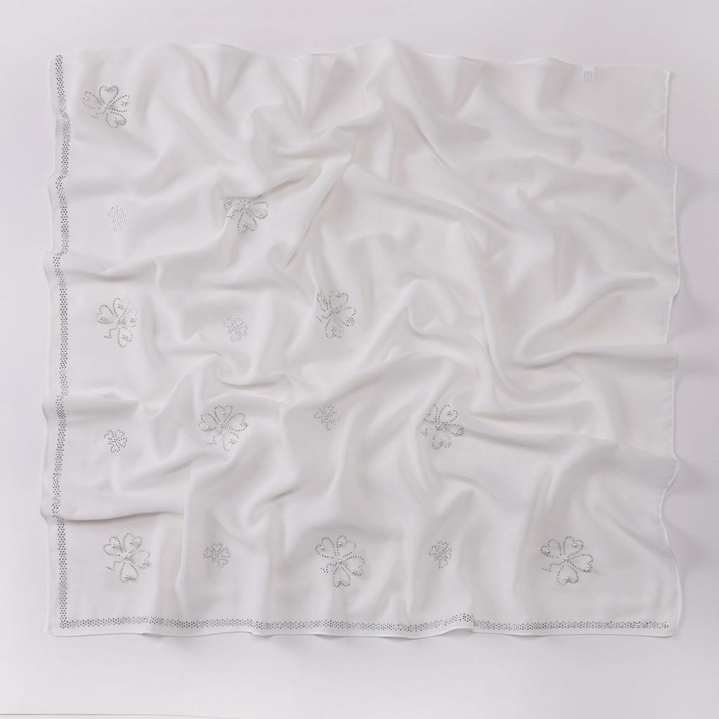 Pearl Chiffon Clover Rhinestone Beaded Ethnic Square Scarf For Women