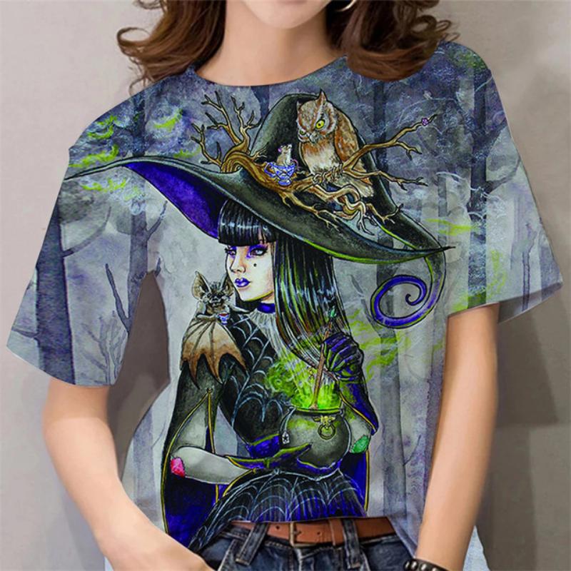 Halloween Pattern T Shirt For Women Witch 3D Printed Short Sleeves Summer Casual Oversized T-Shirts O-Neck Tops Tees Streetwear