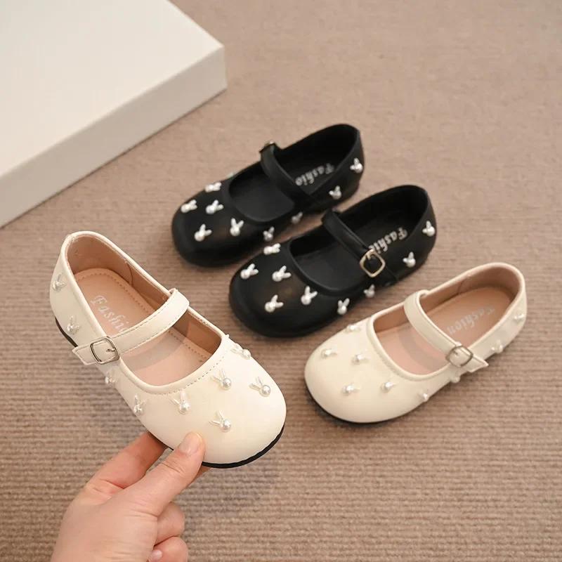 Children Flat Shoes with Sweet Rabbits Kids Princess Shoes Non-slip Soft Sole 2025 New Fashion Girls Leather Shoes Round Toes