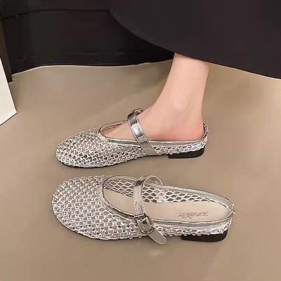 Fairy rhinestone bag head half slippers female outer wear 2025 spring and summer new fashionable versatile flat bottom comfortable lazy sandals
