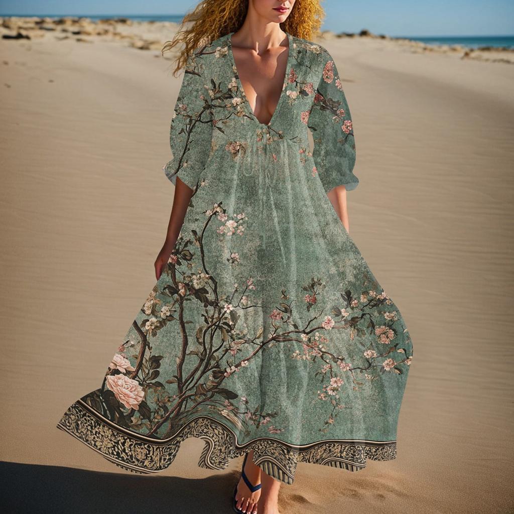 Women's Summer Fashion V-neck Retro Floral Print Short Sleeved Beach Dress With Lace Patchwork Dress