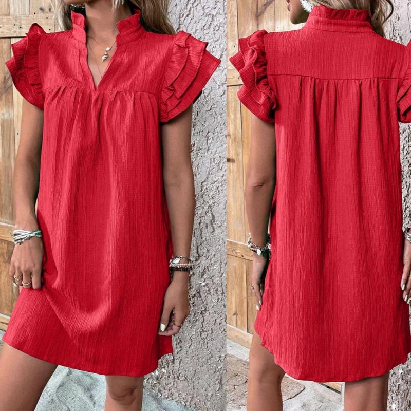 Summer Fashion Versatile Lotus Leaf Sleeve V-neck Dress