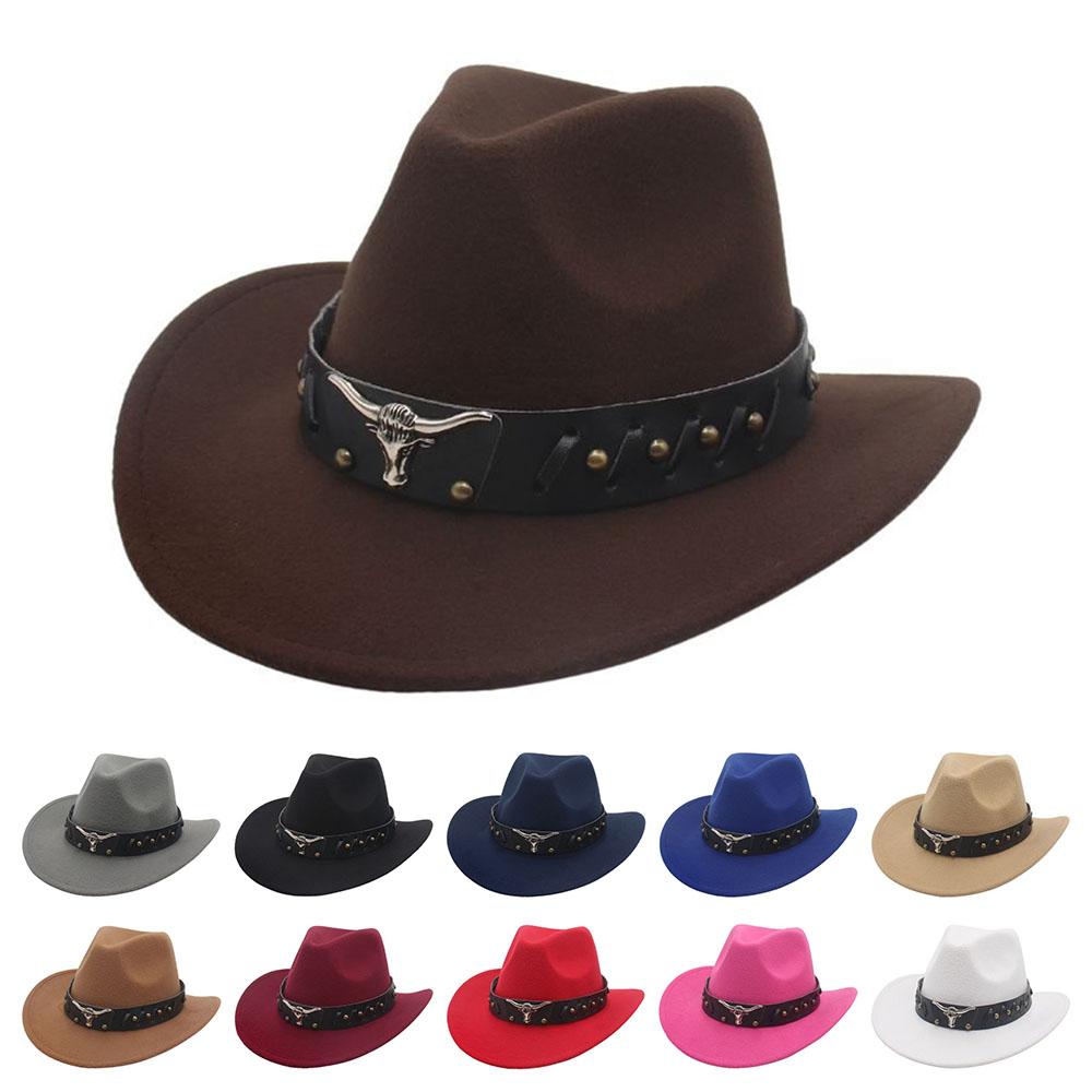 Vintage Studded Bullhead Western Cowboy Hat Ethnic Style Wide Brim Jazz Fedora Hats Tibetan Style Top Hat for Women Men