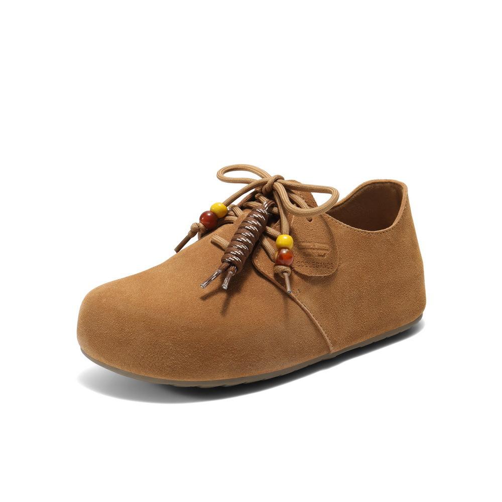 

Frosted leather round head lace-up flat-soled Birkenstocks women s 2025 autumn new retro soft leather soft-soled casual single shoes women 40 темно-коричневого кольору