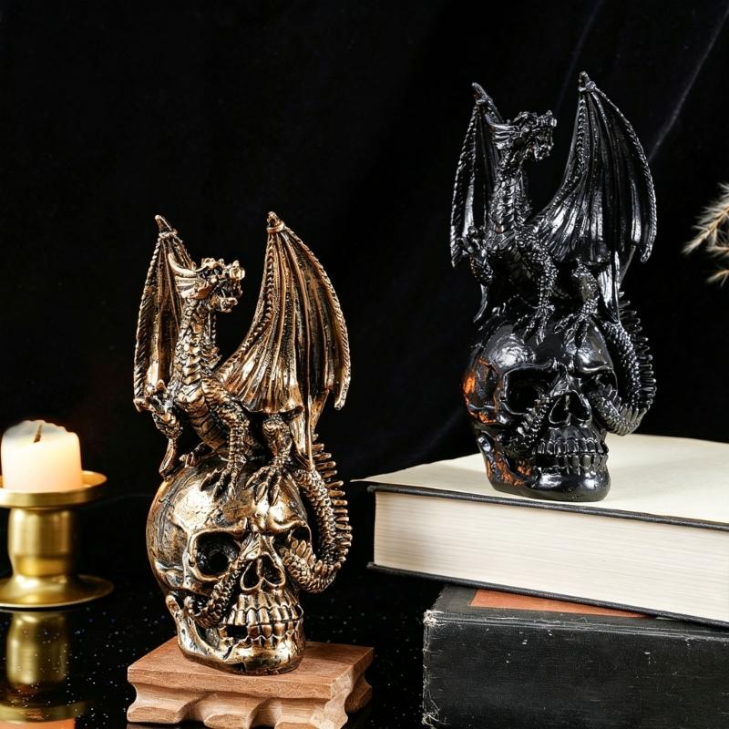 Metal-Look Dragon Skull Statue for Shelf and Desk Display, 17cm Figure for Fantasy Homes and Party Table Styling