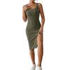 Summer Women Sleeveless Square Neck Sheath Dress Solid Color Elastic Side Split Skinny OL Commute Breathable