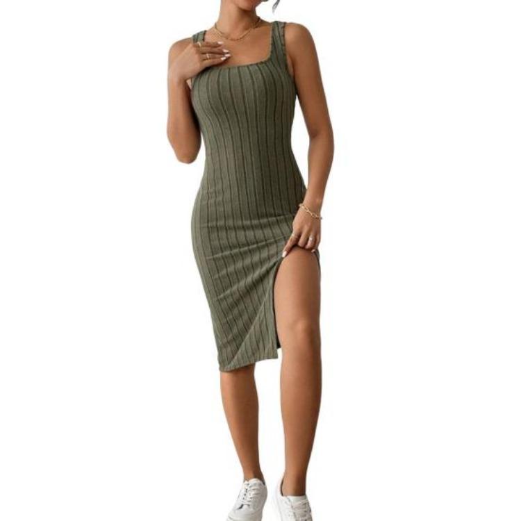 Summer Women Sleeveless Square Neck Sheath Dress Solid Color Elastic Side Split Skinny OL Commute Breathable