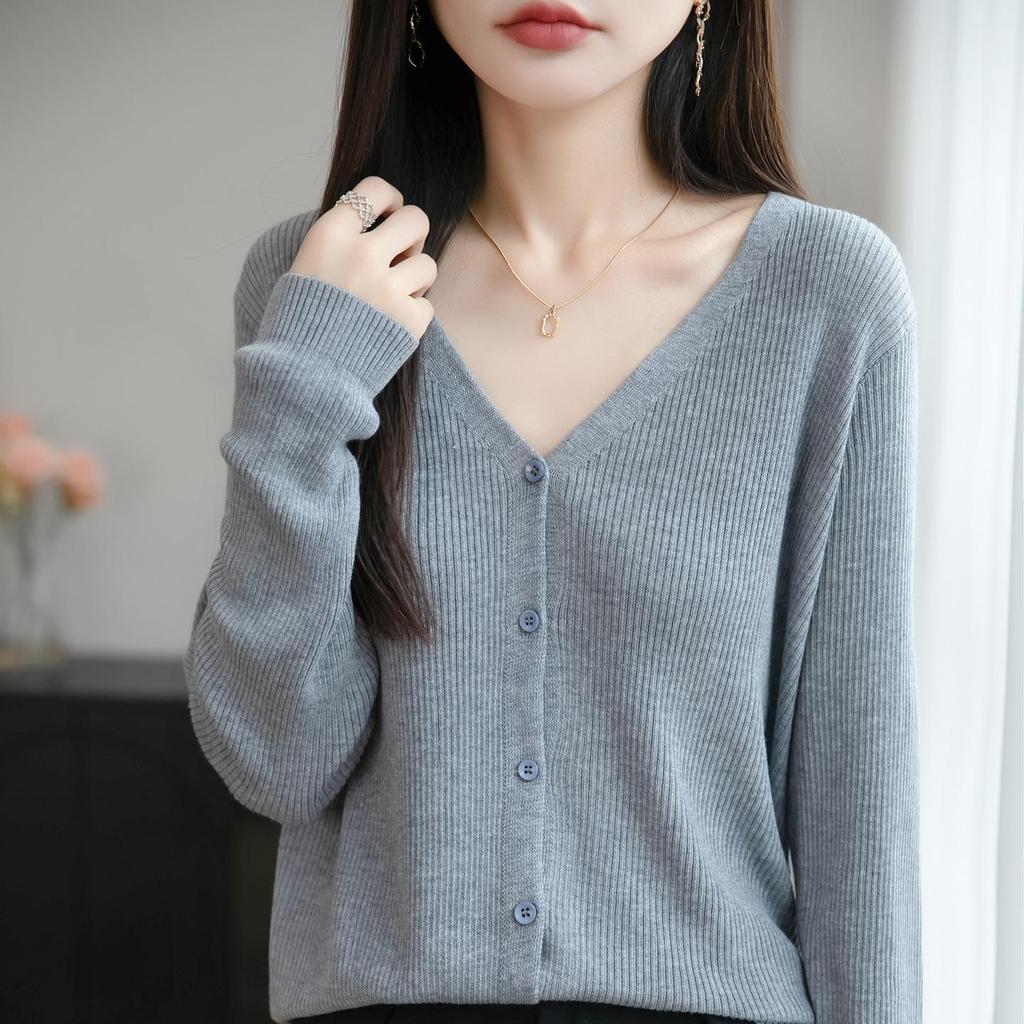 Damen Wollmischung Feingerippter V-Ausschnitt Cardigan Pullover