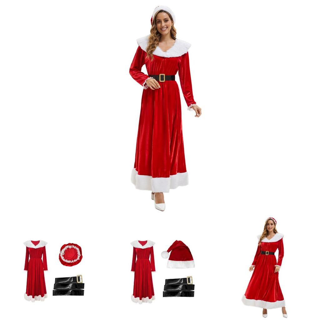 Women Elegant Velvet Long Dress With Hat And Belt For Christmas And Holiday Events