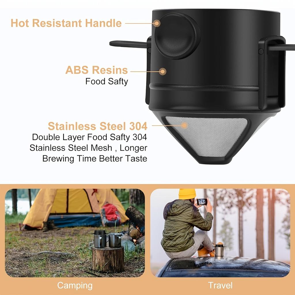 Pour Over Coffee Dripper with Spoon, Reusable Stainless Steel Pour Over Coffee Filters, Easy to Clean Camping Coffee Filter