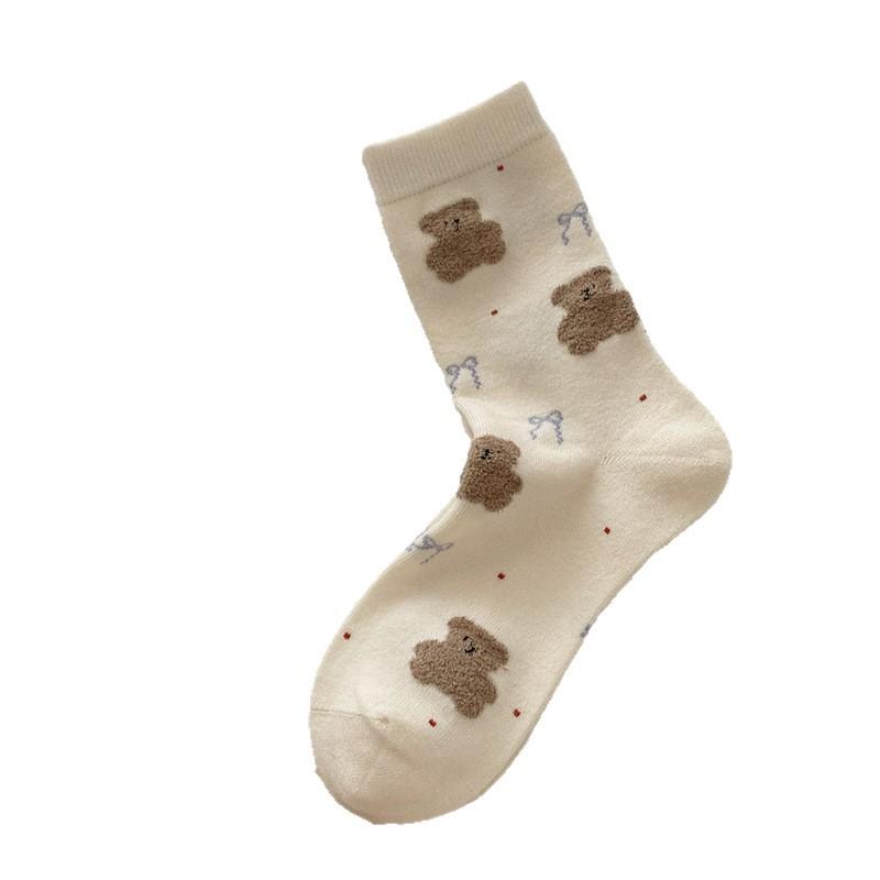 Woolen Bear Embroidered Socks for Women, Thick and Warm Mid-calf Socks for Autumn and Winter, Cute Thick Socks, Long Pile Socks