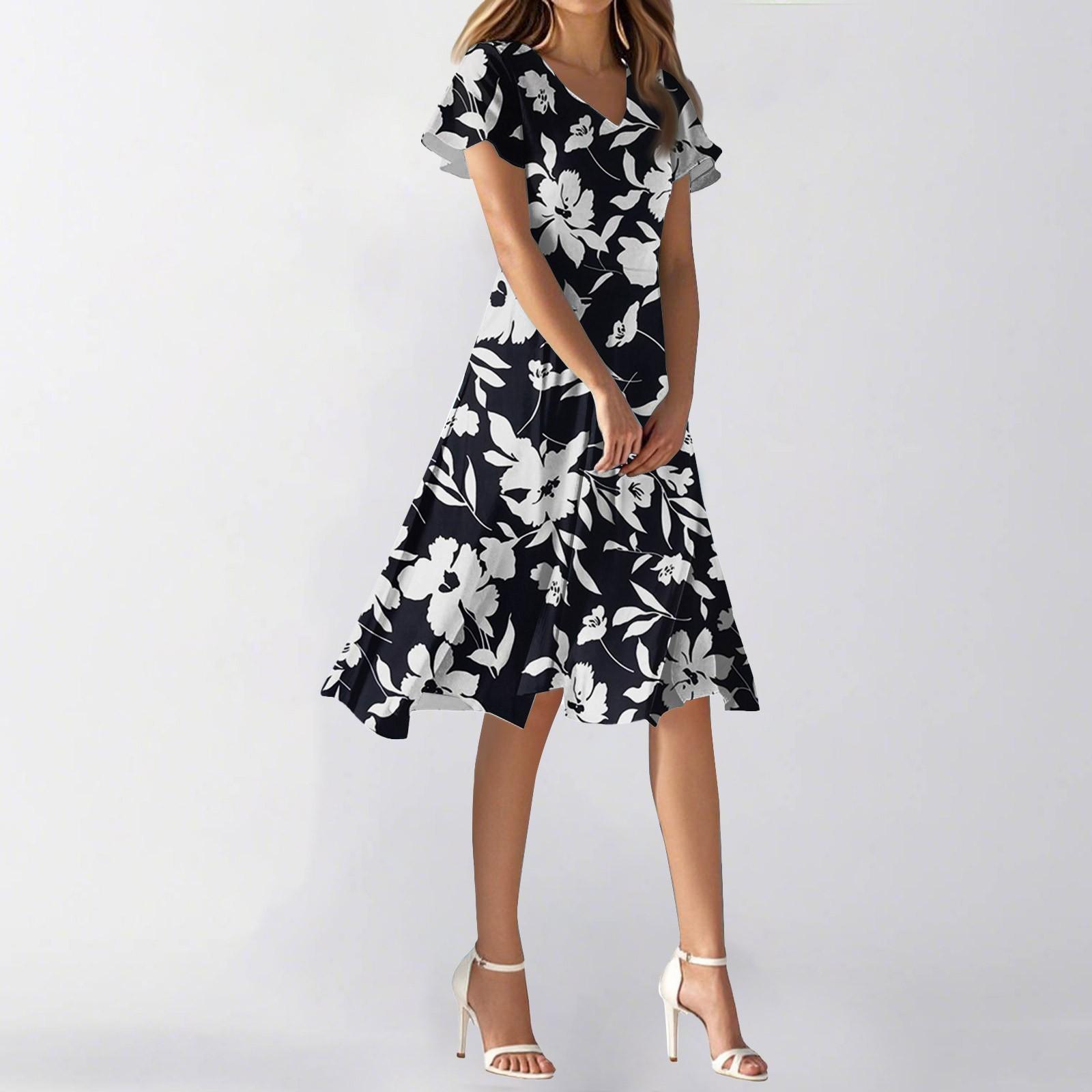 

Женское летнее повседневное модное платье с цветочным принтом и V-образным вырезом, короткая юбка с коротким рукавом XS чёрный