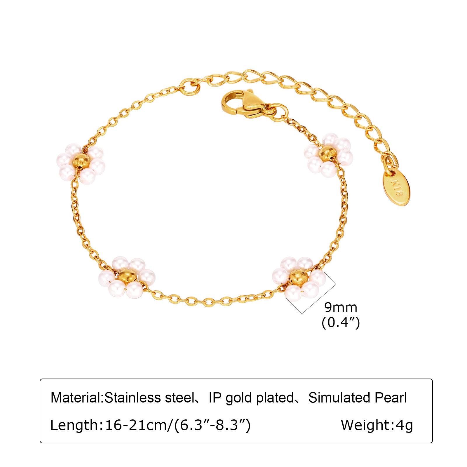 Jewelry Stainless Steel Green Beads Flower Imitation Pearl Bracelet Necklace Gold Ladies