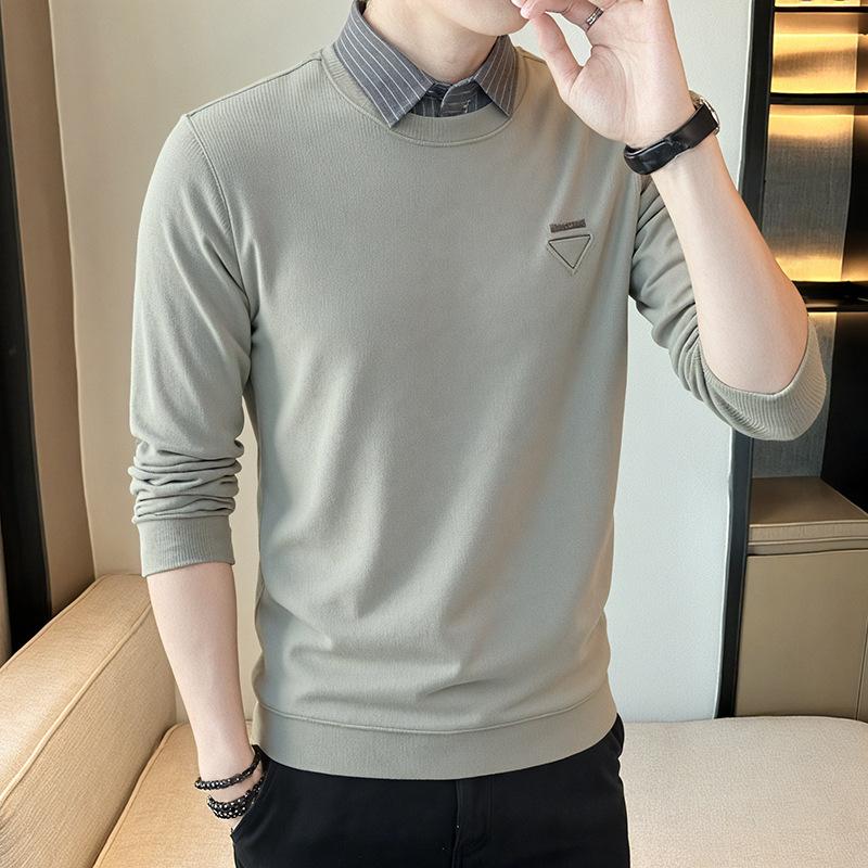 Autumn Sweatshirt Men's Long-sleeved Fake Two-piece Shirt Collar Fashion Top New T-shirt Base Shirt Dad Outfit