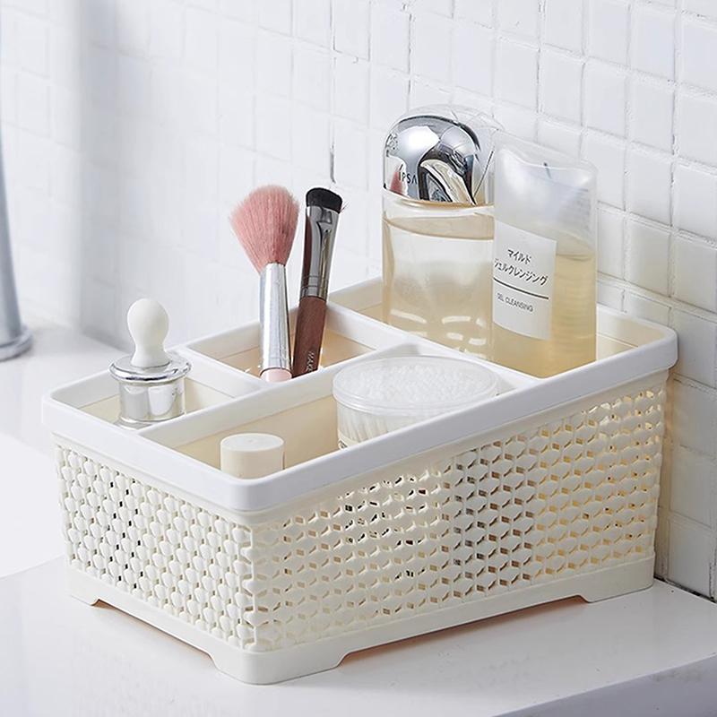 Morandi Style Plastic Desktop Organizer With 4 Compartments - A Roomy Hollow Storage Box For Cosmetics, Office Items