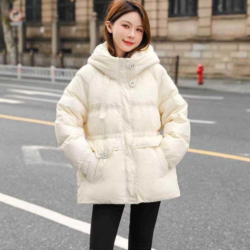 Womens Plus Size Puffer Jacket With Drawstring Waist Thick Warm Cotton Fill Hooded Short Coat Fall Winter